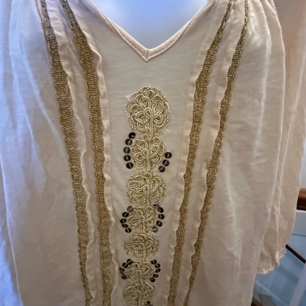 Lucky Brand Cream and Gold Embroidered Blouse